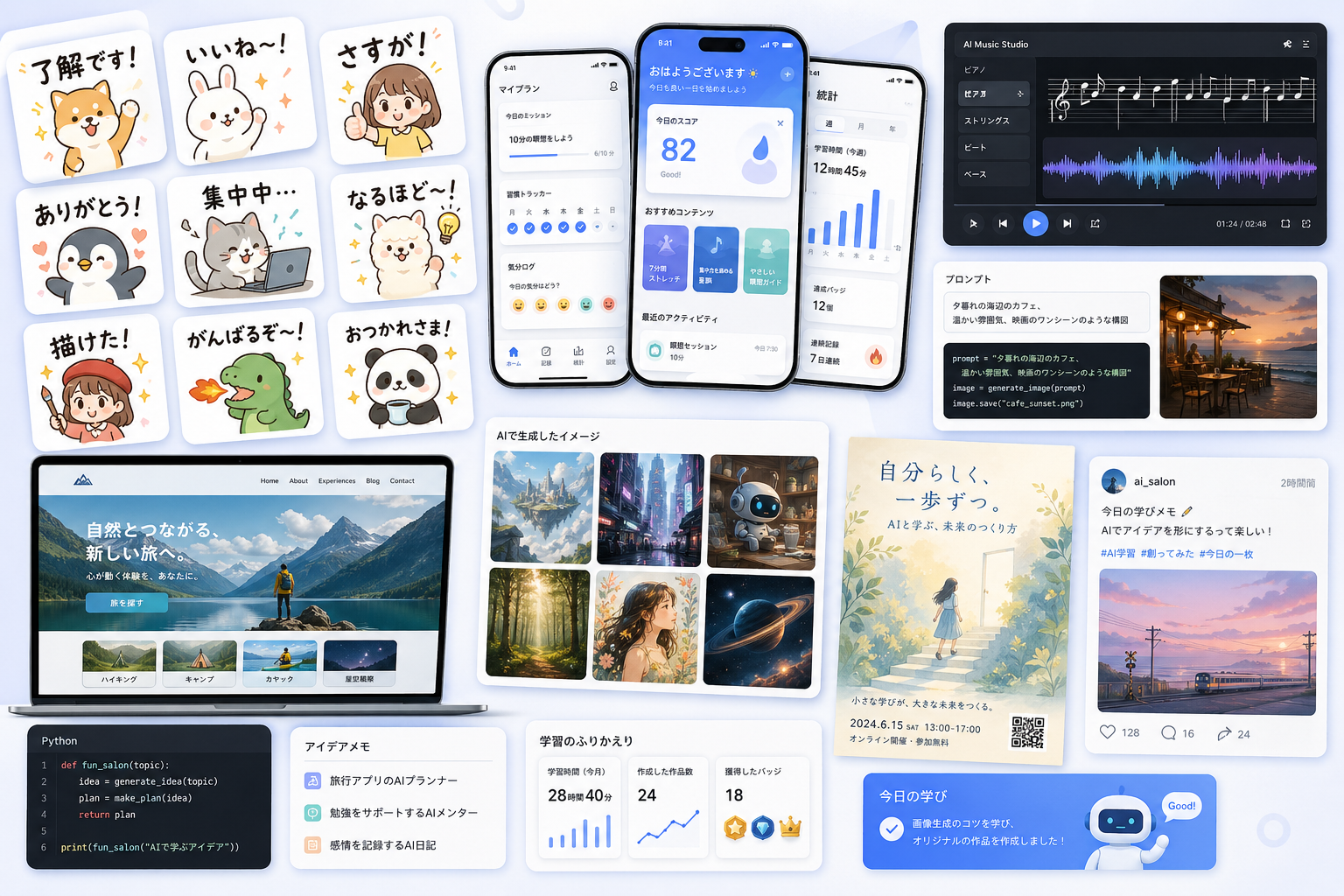 AI学習サロンで創れるもの - LINEスタンプ、アプリ、音楽、Webサイトなど